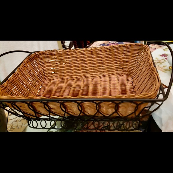 Vintage Hand Woven Reed Basket W/ Black Wrought Iron Stand. Rectangular - Picture 8 of 14